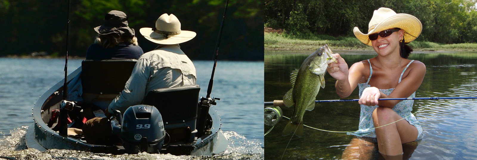 Picture of Men in Boat on New England Lake, one wearing a Riverz Scout. Picture of Woman holding up the days catch, a large mouth bass, while sitting in the lake, wearing a Riverz Rustic.