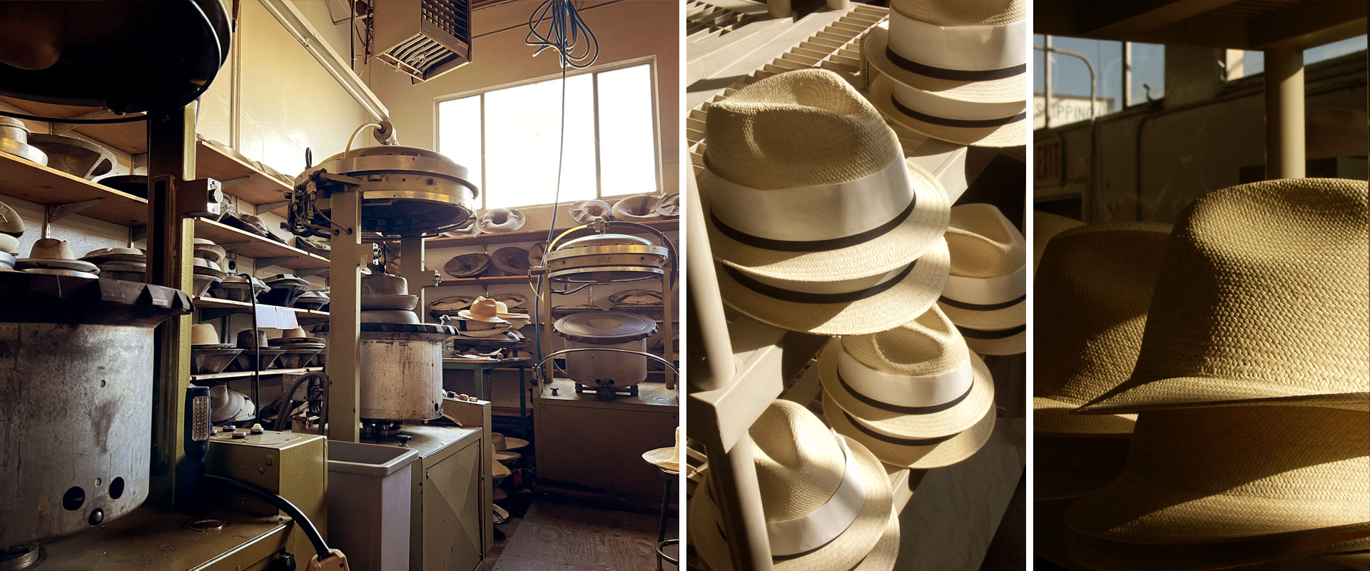 Picture of the San Francisco Hat Company Factory, featuring several hat presses and molds. Two Pictures of Ray Panama Fedoras on racks in the factory during morning sun.