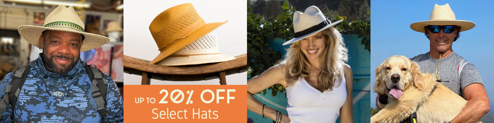 Summer Sale Fan Pics - Man Wearing Riverz Scout with Bass Band, Woman Wearing Ted Fedora Panama in the Sun, Man holding Dog wearing Riverz Utah on a Mountain Hike. Up to 20% Off Select Hats.