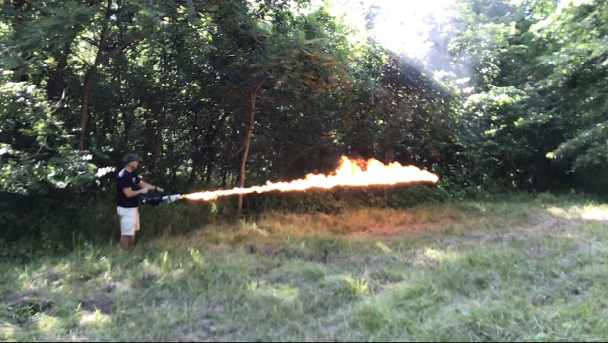 Vulcan V9E flamethrower demonstrating spray distance