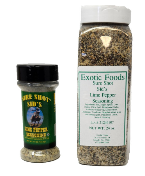 Sure Shot Sid's Lime Pepper is  known for its "unique tang of lime," which pairs well with a variety of dishes.    Available in 4.7oz and 24oz.  

Available in 5oz or 24oz Shakers

FREE SHIPPING!