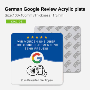 German Google Review NFC Plate, NTAG213 acrylic plate, 100x100×1.3mm 