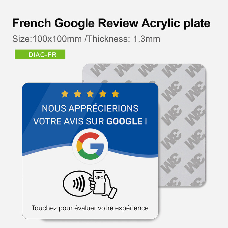 French Google Review NFC Plate, NTAG213 acrylic plate, 100x100×1.3mm 