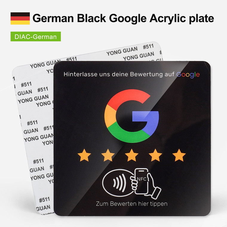 German Google Review Black NFC Plate, NTAG215 acrylic plate, 100x100×1.3mm 