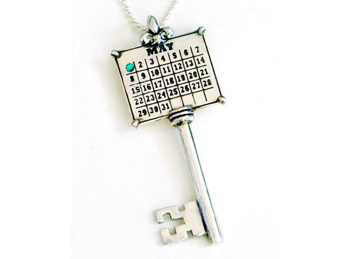 Sterling Silver Key Calendar Charm with  Colored Crystal