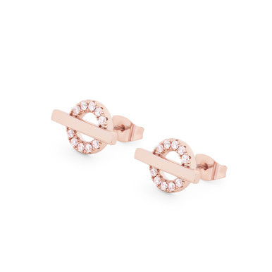 T-BAR STUD EARRINGS ROSE GOLD CIRCLE CZ