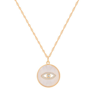 Gold Evil Eye Mother of Pearl Pendant with pavé detail on a fine chain – jewellery product thumbnail on white background