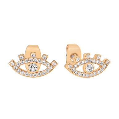 Gold Evil Eye Greek stud earrings with cubic zirconia detailing and lash-like accents – jewellery product thumbnail on white background