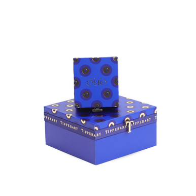 Tipperary Crystal luxury jewellery packaging in blue with gold evil eye pattern – gift boxes display