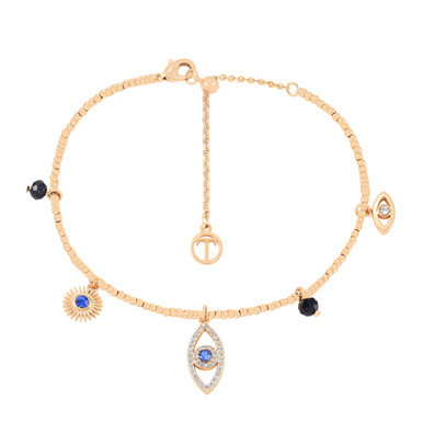 Gold Evil Eye Icon Bracelet with multiple charms including sapphire-blue accents and adjustable chain – jewellery product thumbnail on white background