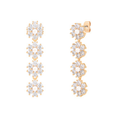 Gold drop earrings featuring three cascading daisy flower motifs with sparkling crystals and pearl centers.