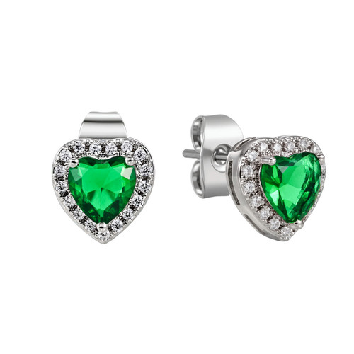 Silver Diamond Heart Earrings Emerald