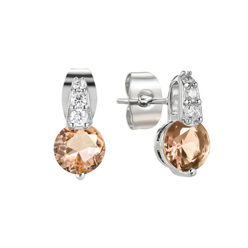 Silver Round Pink Stone W/Pave Bale Earrings
