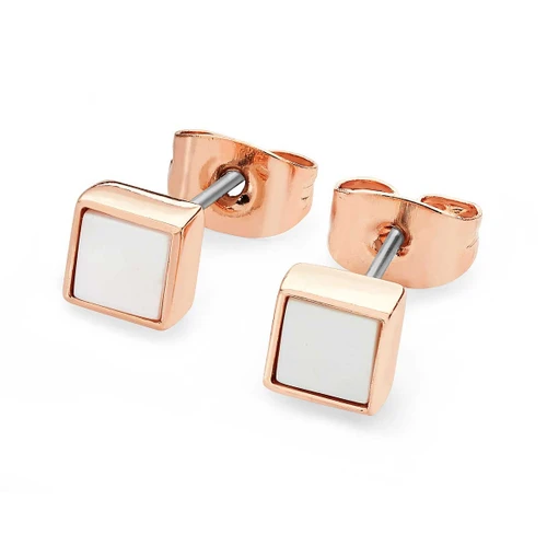 June - Rose Gold Square Birthstone Earrings - Pearl