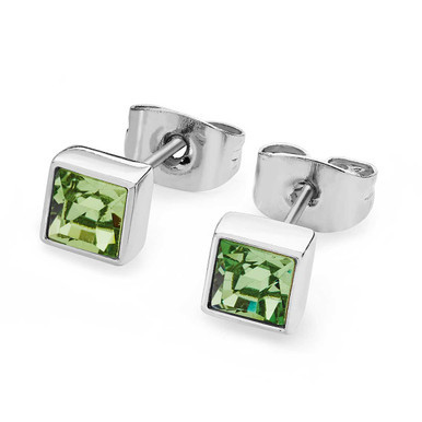 August - Silver Square Birthstone Earrings - Peridot Crystal