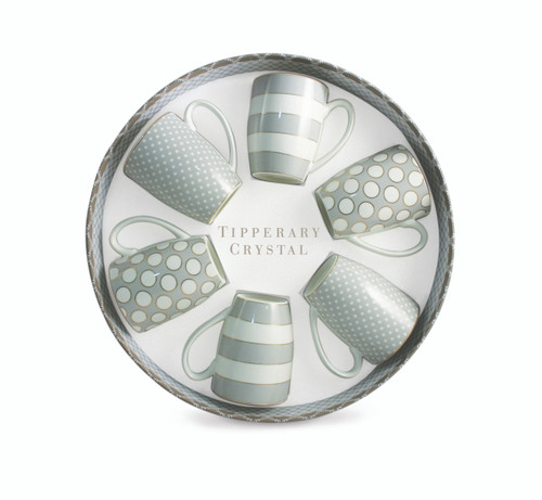 Set 6 Bone China Mugs - Spots & Stripes - Grey