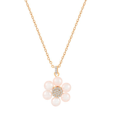 Gold pendant necklace with a daisy design, featuring pink pearl petals and a sparkling crystal-studded center on an adjustable chain.