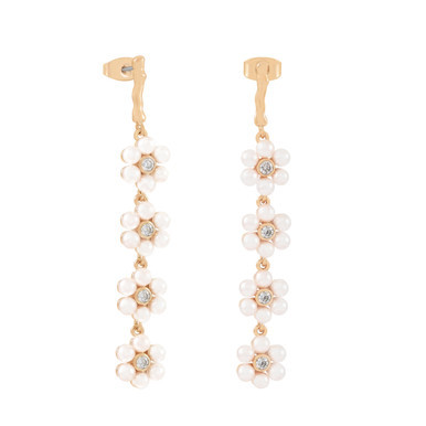 Gold daisy drop earrings with pearl petals and sparkling crystal centers in a cascading floral design.