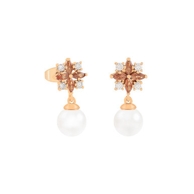 Gold Maureen O’Hara pearl drop earrings with starburst design featuring amber-toned stones and clear crystal accents.