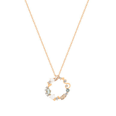 Gold Maureen O’Hara eclectic pendant necklace featuring a circular design with mixed crystals and pearl accents on an adjustable chain.
