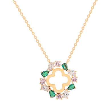 Gold Maureen O’Hara flower pendant necklace with emerald green, pink, and clear cubic zirconia on a 500mm adjustable chain.