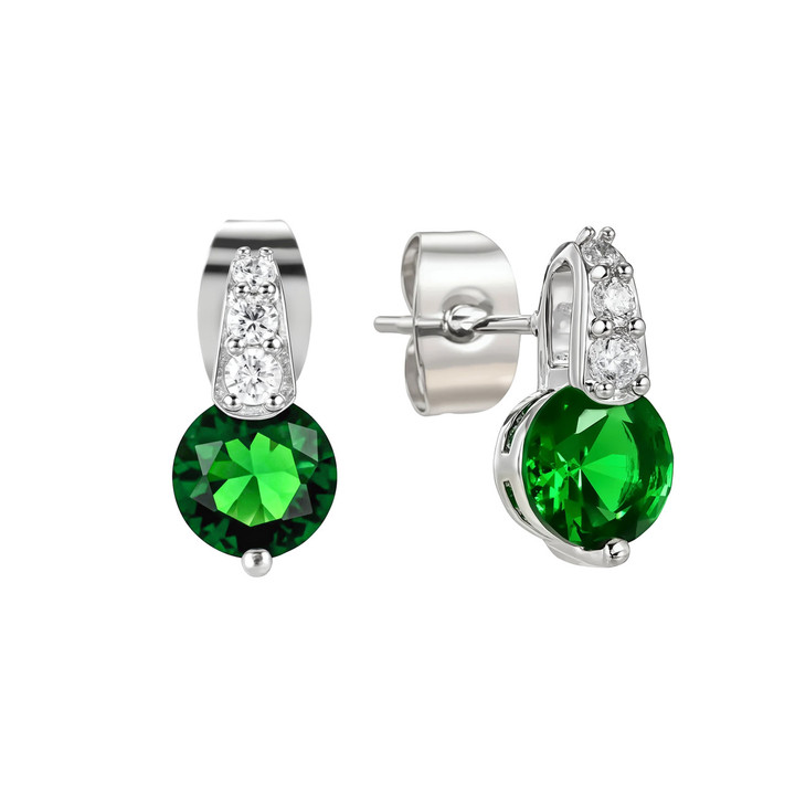 Silver Round Emerald Stone W/Pave Bale Earrings