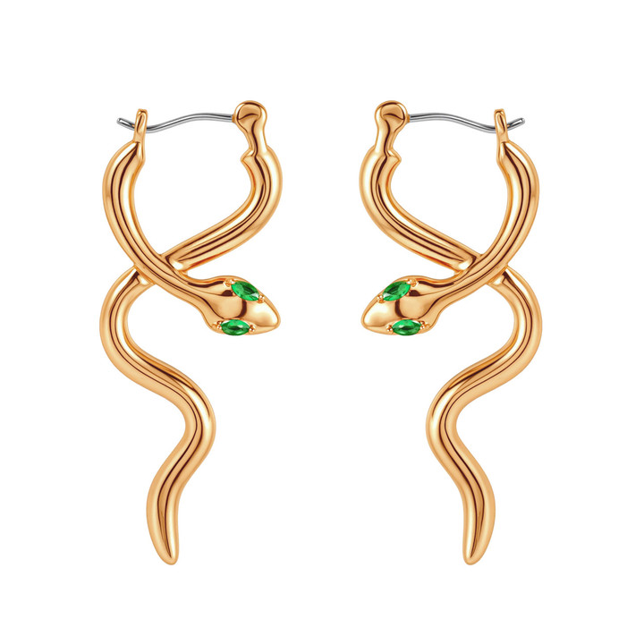 Tc Snake Green Eye Long Earrings Gold