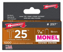 Arrow Fastener 257M T25 7/16 Inch (11mm) Monel Staples, 1000/Pk