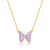 Close-up of gold-plated butterfly pendant with pink cubic zirconia wings on 925 silver necklace