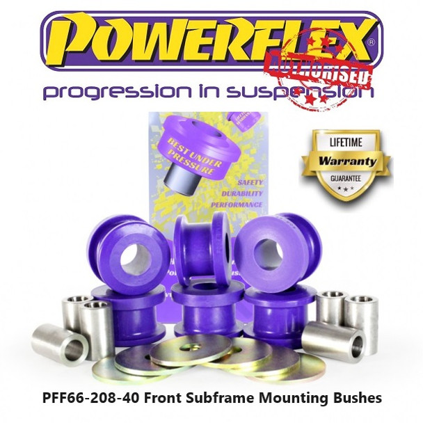 Is your vehicle's front subframe alignment suffering due to worn-out OE rubber bushes? Our Front Subframe Mounting Bush (PFF66-208-40) is the perfect solution. Designed to provide nearly 50% increased stiffness, this bush plays a crucial role in maintaining front subframe alignment.

Key Benefits:

- Improved Steering Precision: Enjoy enhanced handling and responsiveness with our stiffer bush.
- Reduced Noise: Minimize unwanted vibrations and noise with our high-quality bush.
- Maintains Alignment: Ensure proper front subframe alignment, essential for optimal vehicle performance.
- Durable Construction: Withstand the rigors of driving with our long-lasting bush.

Compatibility:

Our Front Subframe Mounting Bush fits models from MY2002-MY2010 with 40mm centre bushes.

OEM Part Numbers:

- 5231808
- 5233382
- 4566923 / 12762090

Why Choose Our Front Subframe Mounting Bush?

- Improved Performance: Enhance your vehicle's handling and responsiveness.
- Increased Durability: Withstand the demands of driving with our long-lasting bush.
- Easy Installation: Replace your worn-out bush with our high-quality alternative.

Order Now!

Discover the difference our bush can make in your vehicle's performance. Order now and enjoy improved steering precision, reduced noise, and optimal front subframe alignment!

Product Details:

- Product Code: PFF66-208-40
- Type: Front Subframe Mounting Bush
- Material: High-quality rubber
- Compatibility: Models from MY2002-MY2010 with 40mm centre bushes
- OEM Part Numbers: 5231808, 5233382, 4566923 / 12762090

Buy with Confidence:

- Quality Guarantee: We guarantee the quality of our products.
- Customer Support: Our dedicated team is here to help with any questions or concerns.
- Secure Payment: Our website uses secure payment processing to ensure your transaction is safe and secure.