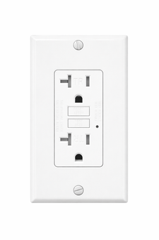 White 20 Amp tamper-resistant (TR) GFCI outlet with self-test and reset buttons, mounted on a matching wall plate, providing reliable ground-fault protection for residential and commercial electrical applications.