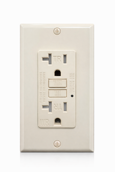 Ivory 20A GFCI outlet with tamper-resistant slots, weather-resistant marking, reset and test buttons, and matching ivory wall plate