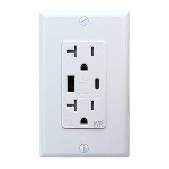 Decorative  20Amp Tamper and Weather Resistant Receptacle with USB-A and USB-C Charger Ports