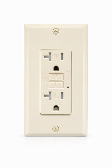 Ivory tamper-resistant (TR) GFCI outlet with matching wall plate and color-matched screws, designed for clean, professional installations. This Ground Fault Circuit Interrupter features clearly labeled TEST and RESET buttons for reliable electrical protection against shock and ground faults. Ideal for residential and commercial applications, this UL-listed GFCI receptacle is commonly used in kitchens, bathrooms, garages, and other code-required areas. The smooth ivory finish provides a consistent, modern look that blends seamlessly with standard wall plates and interior designs.