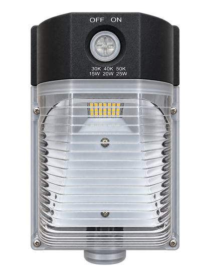Shop AH Lighting’s LED mini wall pack with dusk-to-dawn photocell, durable aluminum housing, and wet-location rating for efficient outdoor lighting