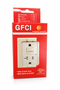 High-quality product image of a tamper-resistant (TR) GFCI safety outlet in an ivory finish, packaged in a retail-ready red box. This Ground Fault Circuit Interrupter features TEST and RESET buttons for enhanced electrical safety and is designed for residential and commercial applications. UL listed and compliant with safety standards, this GFCI outlet supports side and back wiring and includes a matching wall plate. Ideal for kitchens, bathrooms, garages, and outdoor protected locations where code-compliant protection against electrical shock is required.