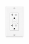 White 20 Amp tamper-resistant (TR) GFCI outlet with self-test and reset buttons, mounted on a matching wall plate, providing reliable ground-fault protection for residential and commercial electrical applications.