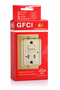 Ivory 20A GFCI outlet in retail packaging with tamper-resistant (TR) and weather-resistant (WR) protection, featuring reset/test buttons, wall plate included, and UL certification—ideal for residential and commercial electrical safety applications.