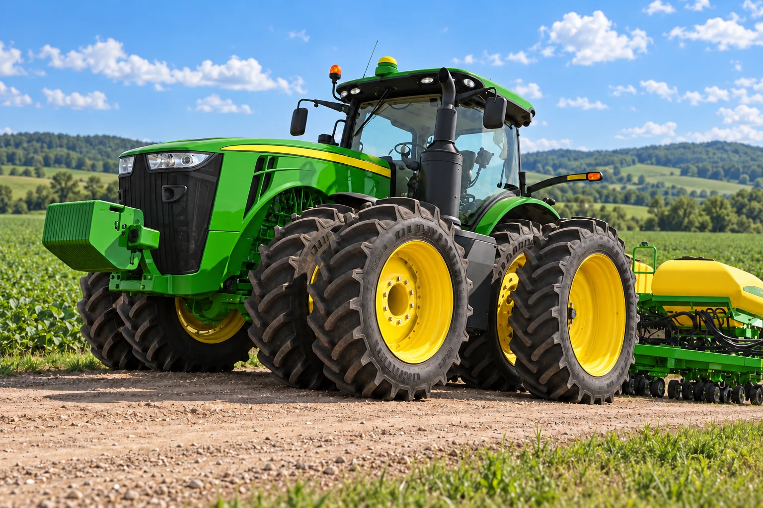 Green agricultural tractor with front counterweights in a field