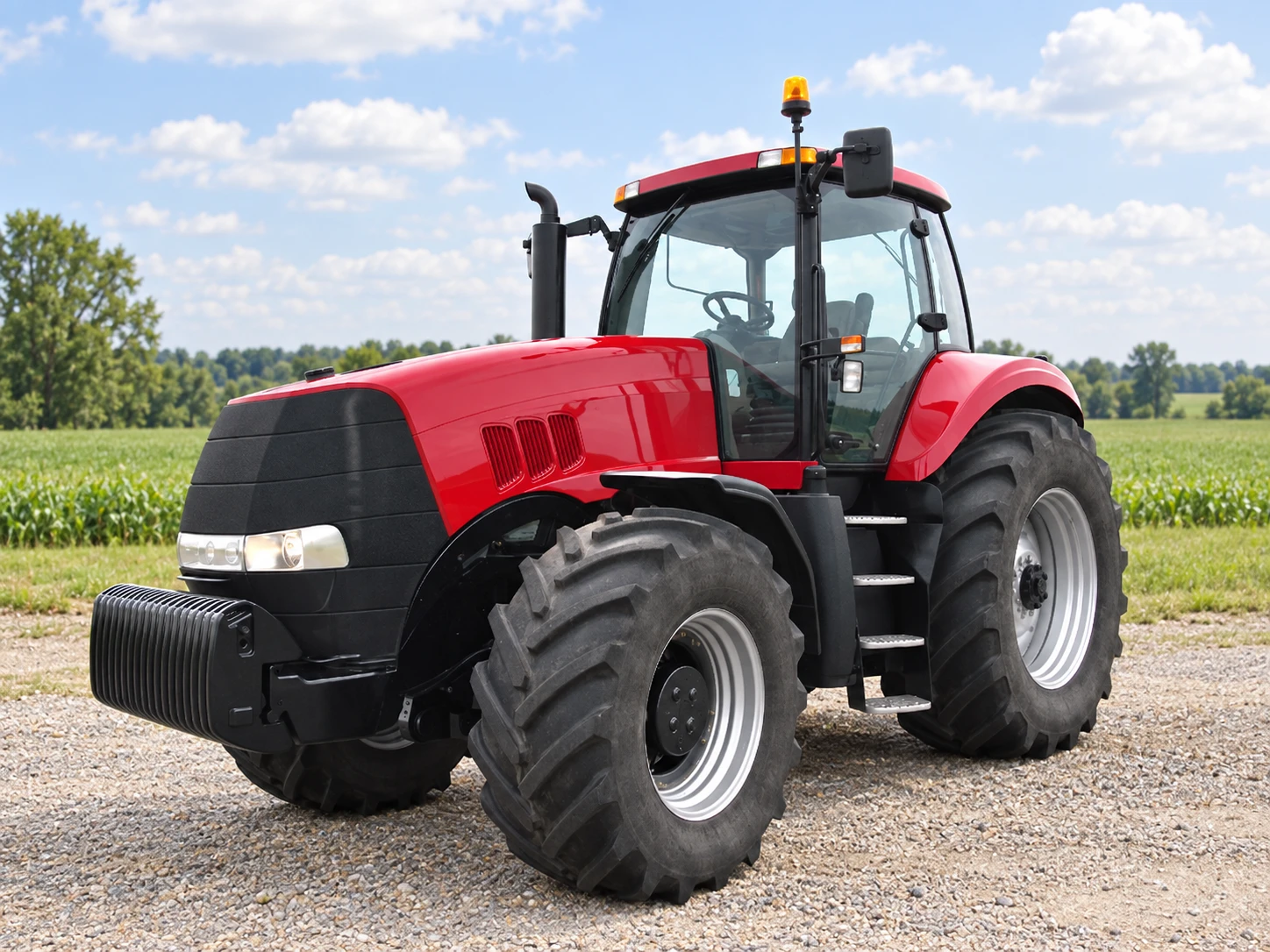 Red agricultural tractor with front suitcase weights beside a field