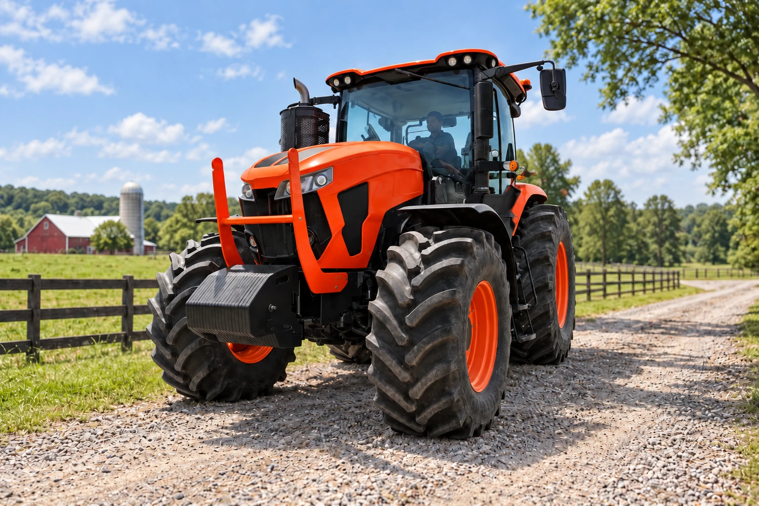 Orange tractor with front suitcase weights on a farm lane