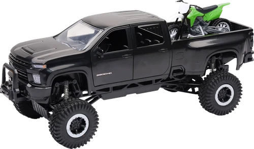 NEW RAY TOYS - SS-37596 - Chevrolet 3500HD Offroad Pick Up w/ Dirt Bike - 1:32 Scale - Black/Green