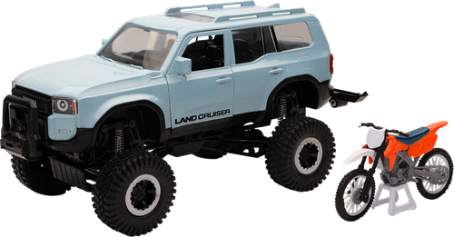 NEW RAY TOYS - 37586 - Toyota Land Cruiser with Dirt Bike - 1:18 Scale - Light Blue/Black/Orange