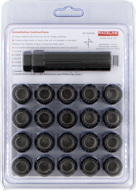 RACELINE WHEELS - RLUG-CS25B - Lug Nuts - Spline Socket - 12 mm x 1.5” - with Spline Key - Black - 20 Pack