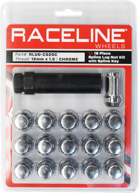 RACELINE WHEELS - RLUG-CS20C - Lug Nuts - Spline Socket - 12 mm x 1.5” - with Spline Key - Chrome - 16 Pack