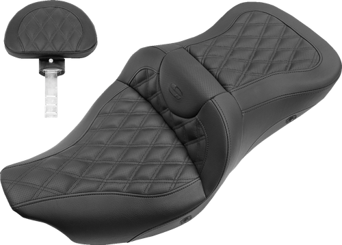 SADDLEMEN - 808-07B-182BRHC - Roadsofa Seat - with Backrest - Full Lattice Stitch - Heated - FLH/FLT '08-'24