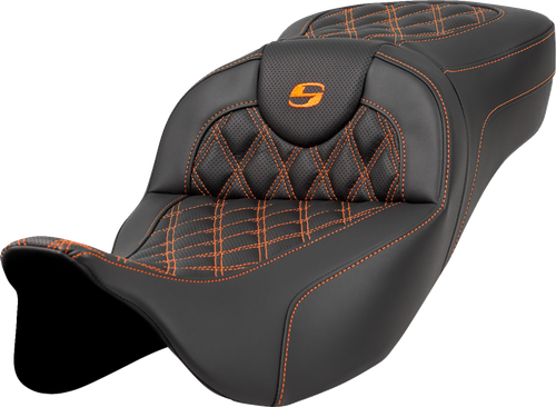 SADDLEMEN - 808-07B-18403 - Extended Reach Roadsofa Seat - Lattice Stitch - Orange Stitch - without Backrest - FL '08-'24