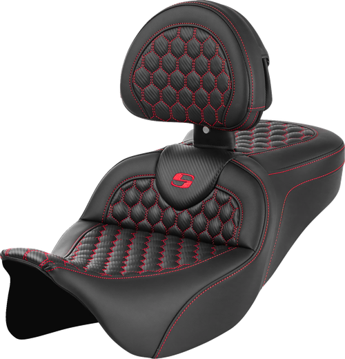 SADDLEMEN - 808-07B-189B4 - RoadSofa Seat - Honeycomb - Red Stitch - with Backrest - FLH/FLT '08-'23