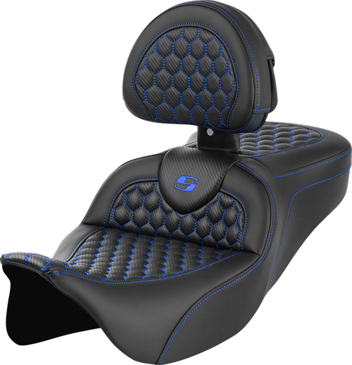 SADDLEMEN - 808-07B-189B1 - RoadSofa Seat - Honeycomb - Blue Stitch - with Backrest - FLH/FLT '08-'23
