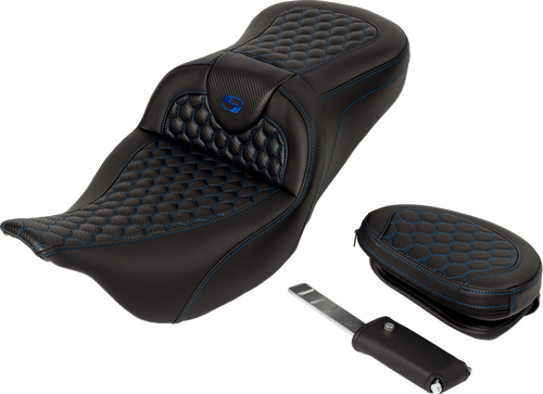 SADDLEMEN - 808-07B-189B1 - RoadSofa Seat - Honeycomb - Blue Stitch - with Backrest - FLH/FLT '08-'23